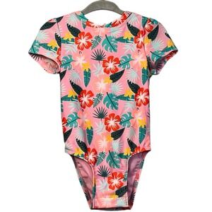 Cat & Jack Girls Swim Suit Flowers Zip Up Short Sleeve Snap One Piece, Size 2T